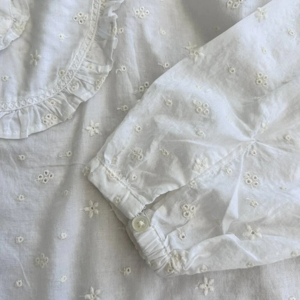 J.Crew Floral Eyelet Ruffled White Bib Front Long Sleeve Top Size Small.
